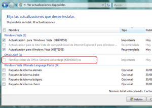 Screenshot Notificaciones Office Genuine Advantage